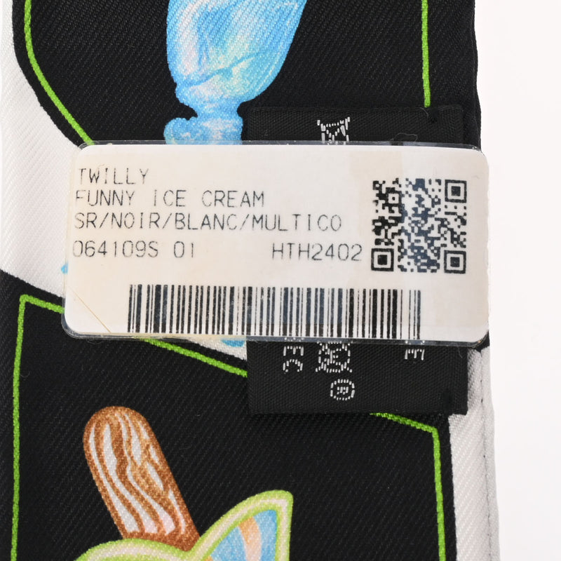 HERMES エルメス ツイリー FUNNY ICE CREAM 黒/白/マルチカラー 064109S レディース シルク100％ スカーフ 新品 銀蔵