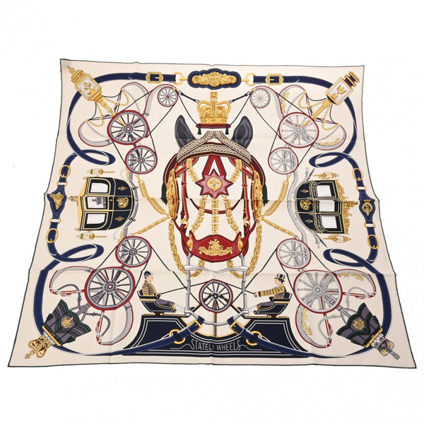 エルメスカレ 90 STATELY クレーム/ボルドー/ブルー レディース シルク