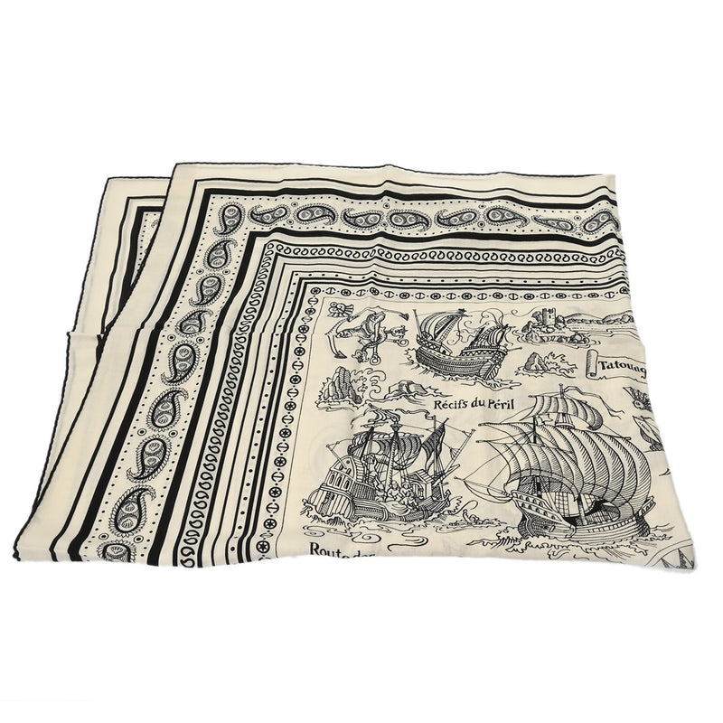 HERMES エルメス カレジェアン 船乗りのタトゥー バンダナ 白/黒 ユニセックス カシミア70％ シルク30％ ブランド小物 新品 銀蔵