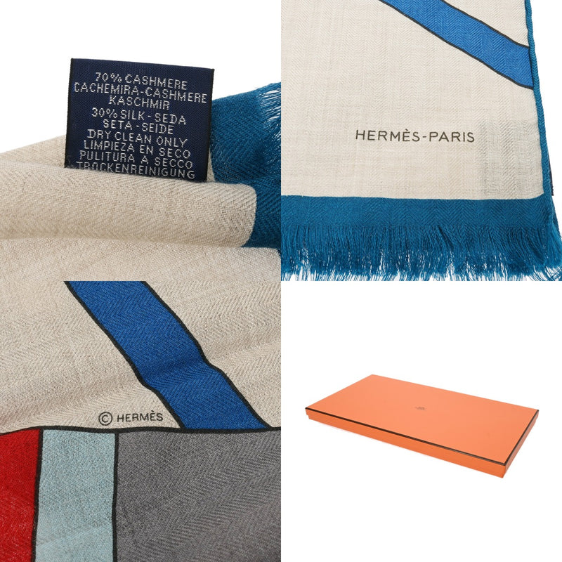 HERMES エルメス レクタングル TOP DEPART ナチュラル/ルージュ/ブルー メンズ カシミヤ70％ シルク30％ マフラー 未使用 銀蔵