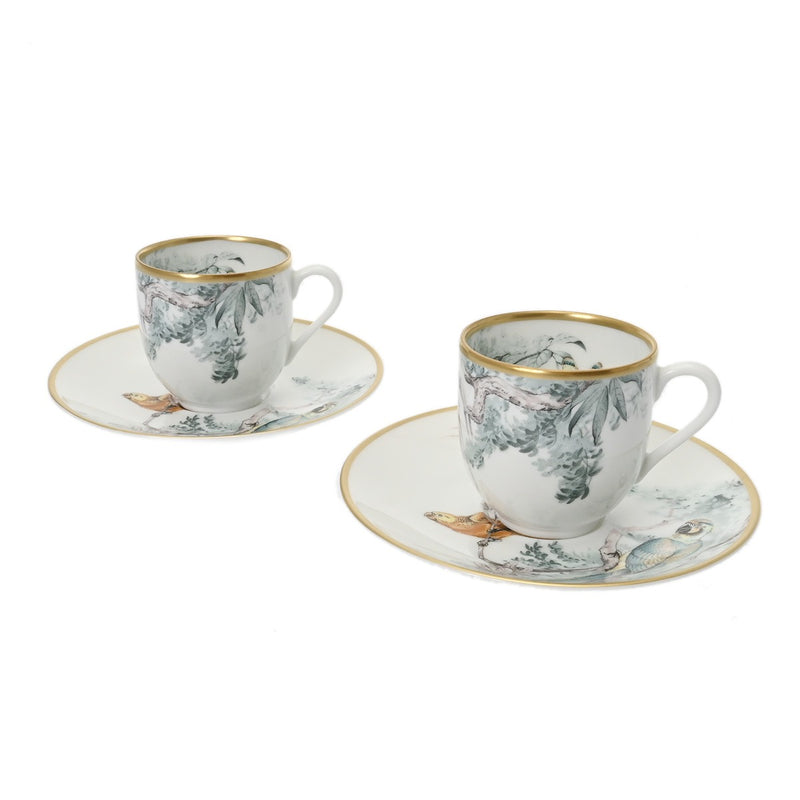 HERMES エルメス コーヒーカップ＆ソーサー 2セット 赤道下のスケッチ グリーン系 ユニセックス 磁器 ブランド小物 新品 銀蔵