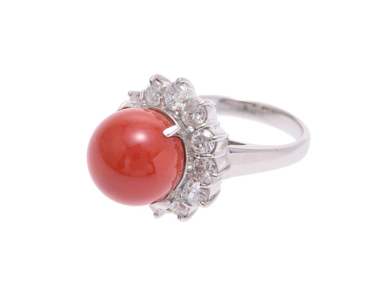 Ring #13 Ladies PT900 Red Coral 12.40-12.50mm Diamond 2.10ct 14.8g Ring A Rank UGL Identification Book Used Ginzo