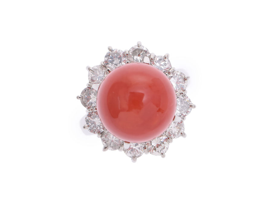 リング #13 レディース PT900 赤珊瑚12.40-12.50mm ダイヤ2.10ct 14.8g