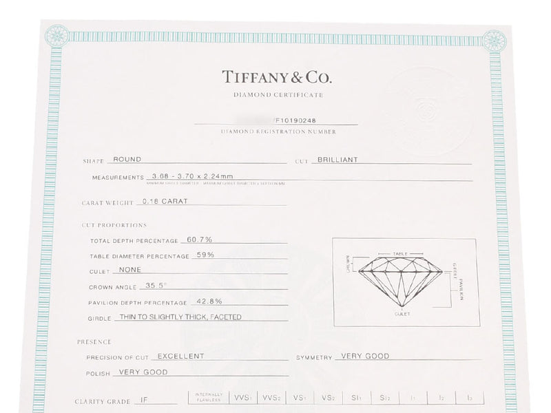 蒂芙尼1粒钻石#5女士PT950钻石0.18CT G-IF-EX-N3.0g环a级美容蒂芙尼&Co框证书使用银证书