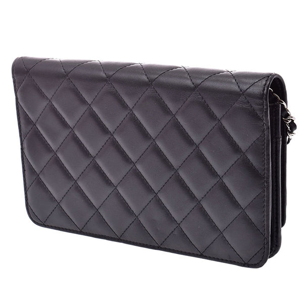 Chanel Cambon Line Chain Wallet Black/Silver Ladies Ram Skin AB