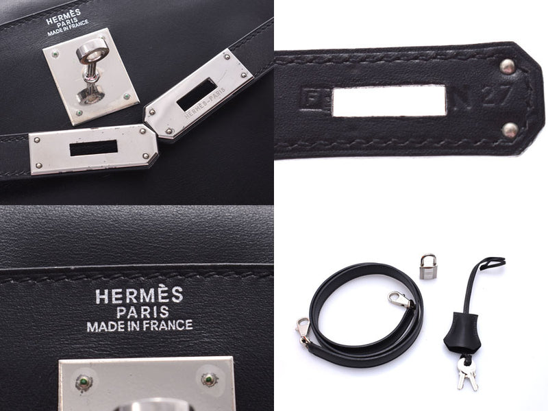 Used goods silver storehouse with sewing black SV metal fittings □ F carved seal Lady's BOX calf 2WAY handbag AB rank HERMES strap in Hermes Kelly 32