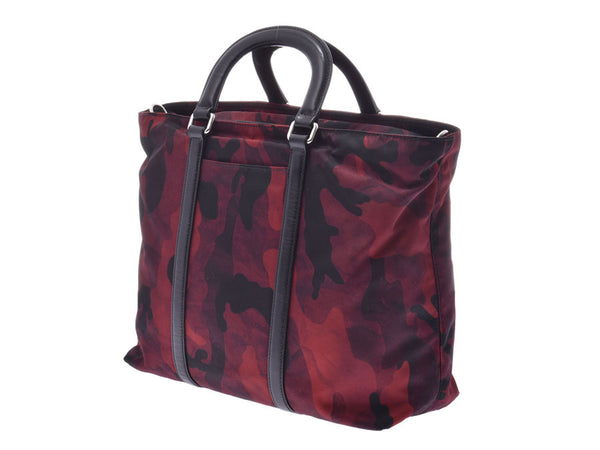 Prada 2WAY handbag camouflage red / black BN2791 men's Womens nylon / leather a-rank beauty PRADA gala used silver