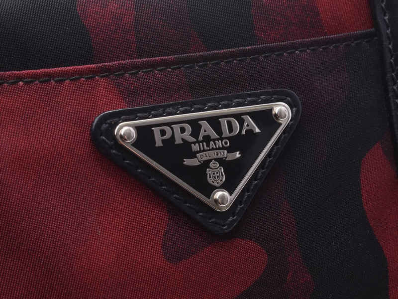 Prada 2WAY handbag camouflage red / black BN2791 men's Womens nylon / leather a-rank beauty PRADA gala used silver