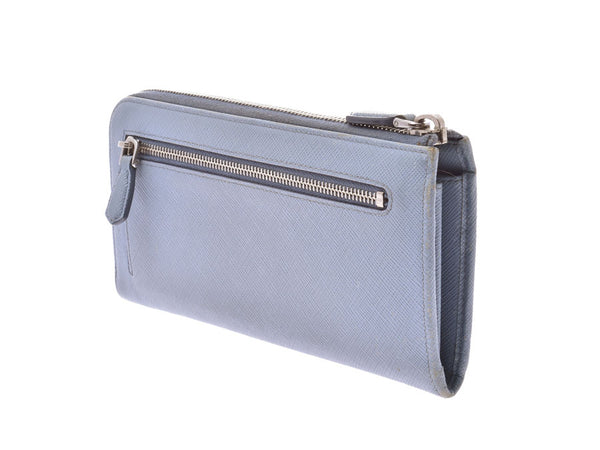 PRADA Prada Ribbon motif L-shaped fastener Light blue Ladies Saffiano long wallet C rank Used Ginzo