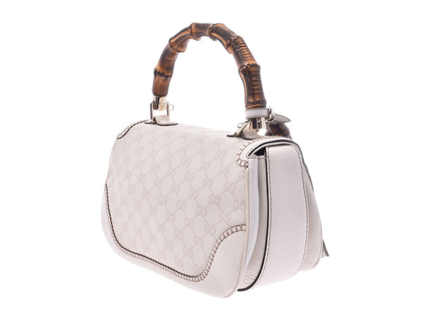 Gucci New Bamboo 2WAY Handbag White System 224964 Women's Calf /GG Canvas A Rank GUCCI Used Ginzo