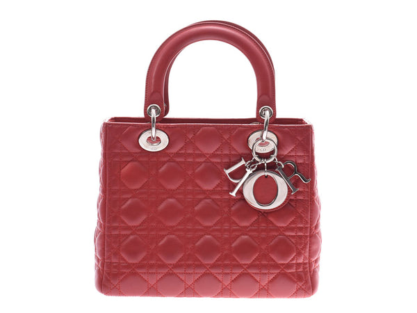 Dior cannage Lady Dior red SV metal fittings ladies lambskin 2WAY handbags a rank CHRISTIAN DIOR used silver