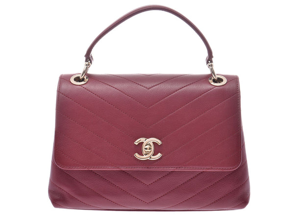 Chanel Small top steering wheel Bordeaux G metal fittings Lady's calf 2WAY bag AB rank CHANEL box guarantee used silver storehouse