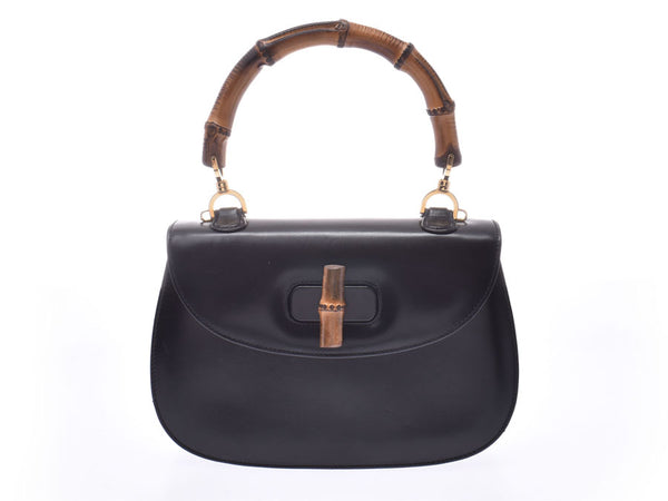 Gucci Bamboo 2WAY Handbag Black Women's Leather AB Rank GUCCI Strap With Used Ginzo