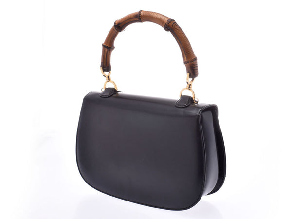Gucci Bamboo 2WAY Handbag Black Women's Leather AB Rank GUCCI Strap With Used Ginzo