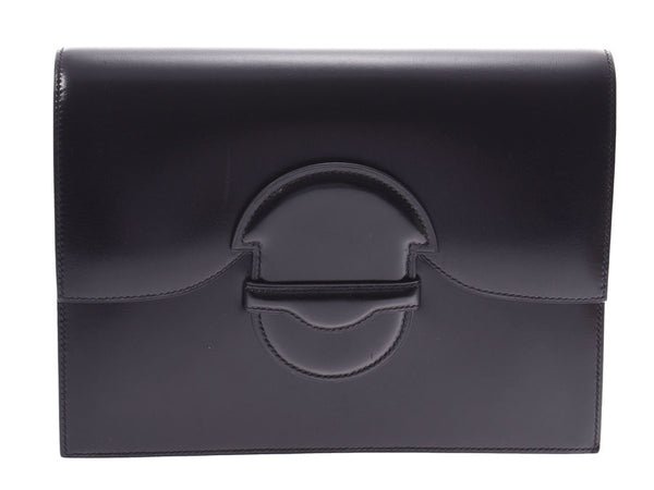 HERMES Hermes black ○ Q carved seal (about 1987) unisex BOX calf clutch bag A rank used silver storehouse