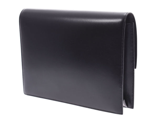 HERMES Hermes black ○ Q carved seal (about 1987) unisex BOX calf clutch bag A rank used silver storehouse