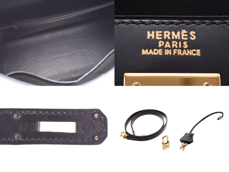 32 Hermes Kelly black G metal fittings ○ Z carved seal Lady's BOX sewing handbag A rank beauty product HERMES used silver storehouse out of the calf