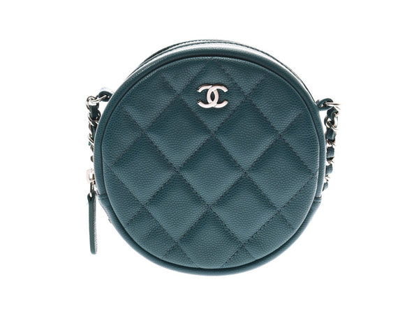 Chanel Matrasse,链肩袋,圆形类型,蓝绿色,女士,鱼子酱皮肤,排名,美女,CHANEL Galla,使用银器。