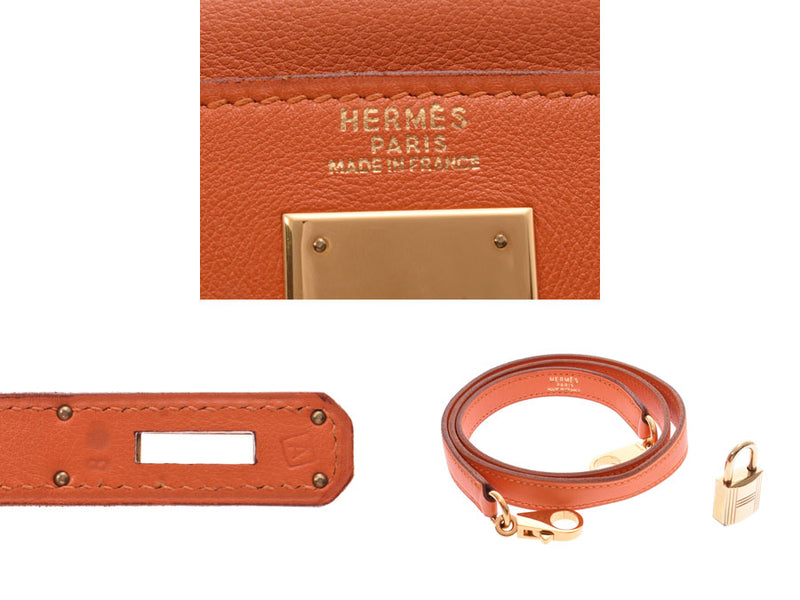32 HERMES Hermes Kelly Mu handbag orange X gold metal fittings □ A carved seal (about 1997) carved seal レディースヴォーガリバー 2WAY bags    Used
