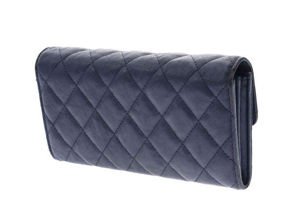 CHANEL Mattelasse 2.55 Blue Gold Hardware Ladies Lambskin Long Wallet B Rank Used Ginzo