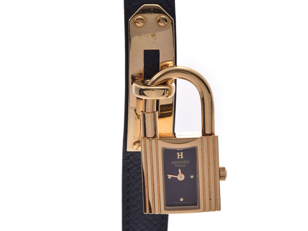 Hermes Kelly Watch Black Dial KE1.201 □D Engraved Ladies GP/Leather Quartz Watch B Rank HERMES Used Ginzo