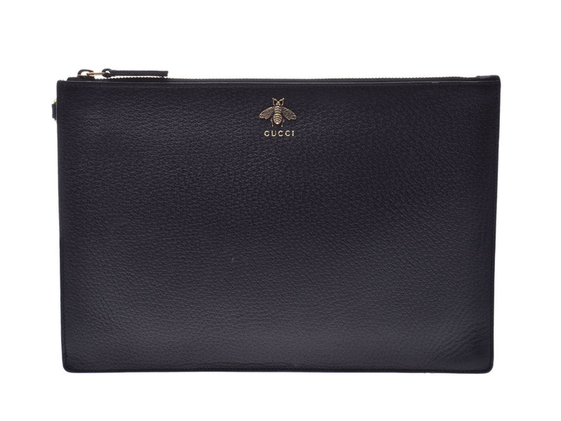 Gucci Clutch Bag Bee Plate Bee Black Men Ladies Leather AB Rank