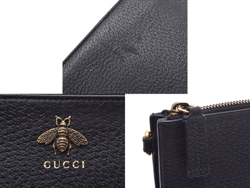 Gucci Clutch Bag Bee Plate Bee Black Men Ladies Leather AB Rank