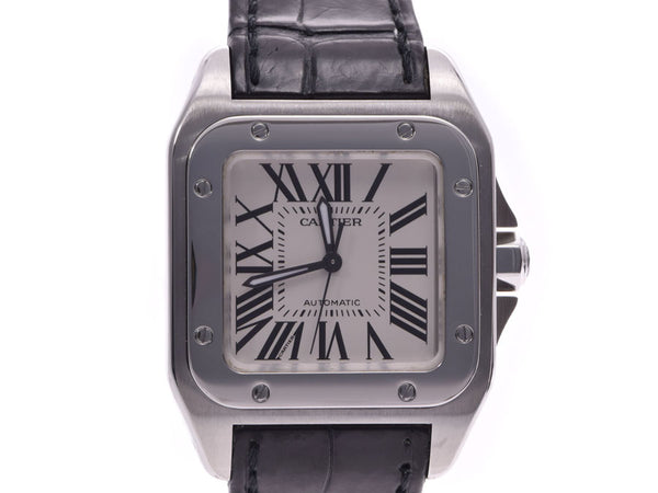 Cartier Santos 100MM white dial men'S SS / leather automatic watch AB rank CARTIER box Galleria used silver stock