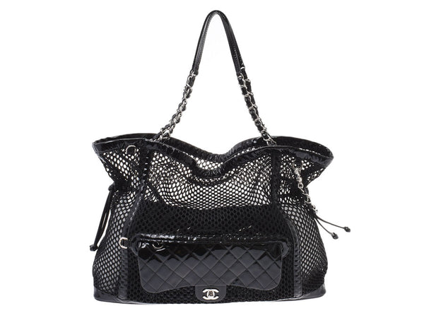Chanel Mesh Tote Black SV Metallic Ladies Enamel Bag A Rank Good Condition CHANEL With Detachable Pouch Used Ginzo