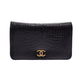 香奈儿链子肩膀推锁黑色黄金金属配件女士鳄鱼肩包A级二手Ginzo