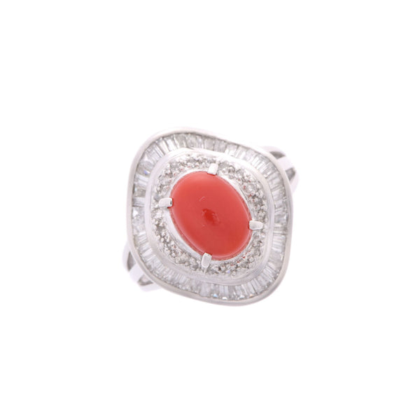Other Red Coral Diamond 0.80 CT No. 9 ladies Pt900 platinum ring ring a rank used silver stock