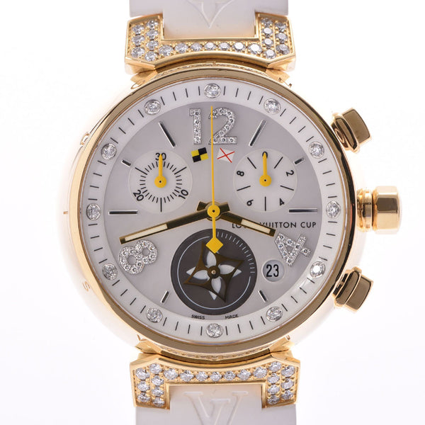 LOUIS VUITTON Louis Vuitton Tambour chronograph diamond Q132L ladies YG/rubber watch Quartz 12P diamond shell dial a rank second-hand silver