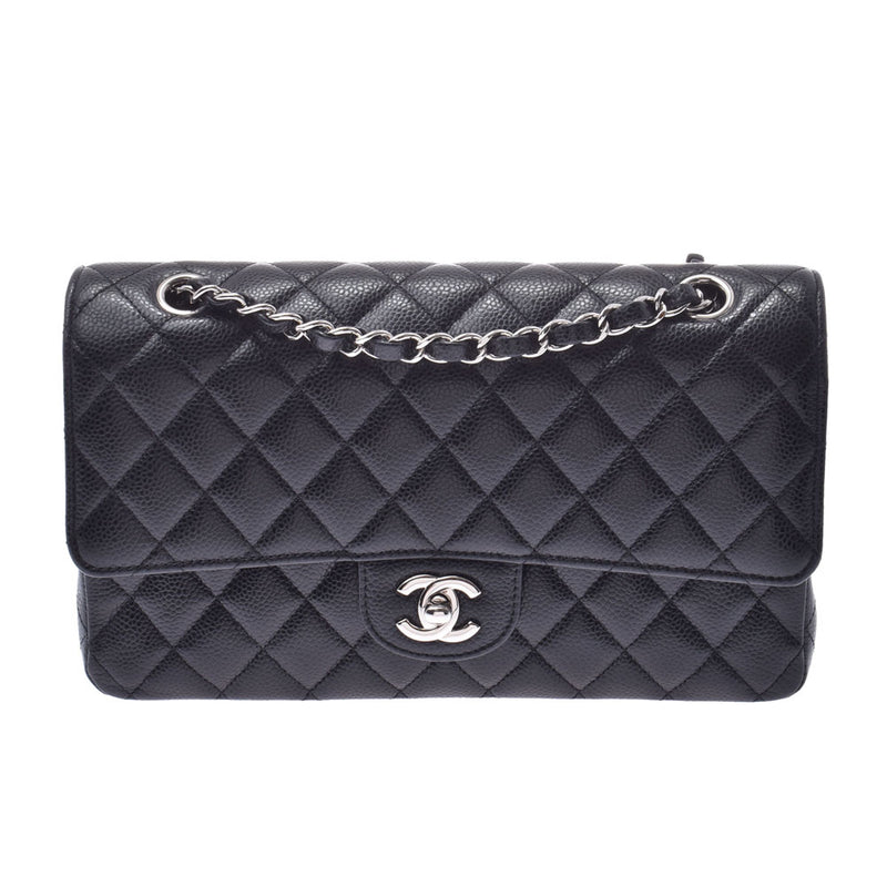 CHANEL chain shoulder bag double flap 14143 black silver hardware ladies caviar skin shoulder bag used