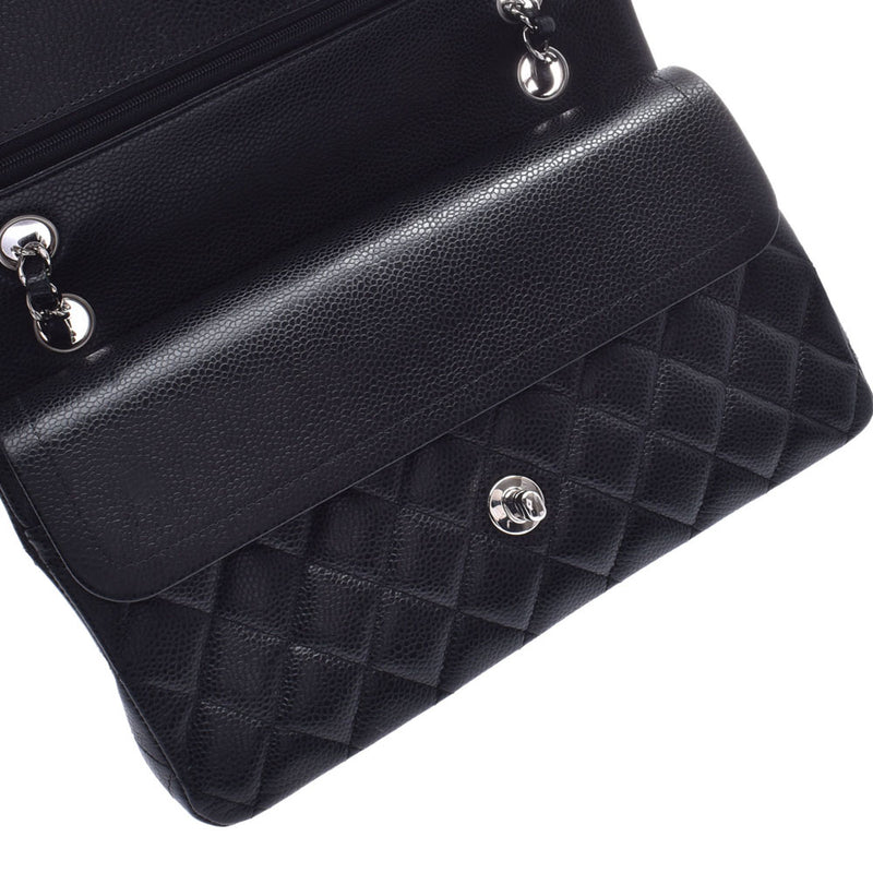 CHANEL chain shoulder bag double flap 14143 black silver hardware ladies caviar skin shoulder bag used