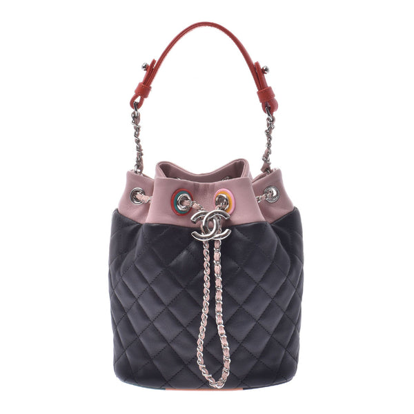 CHANEL Chanel Drawstring Shoulder Bag Black Pink Ladies Lambskin Shoulder Bag Used