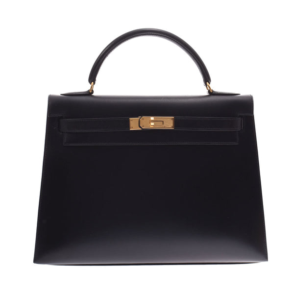 HERMES Hermes Kelly 32 outer sewing black × gold metal fittings ○ A engraved (circa 1971) engraved ladies box calf 2WAY bag used