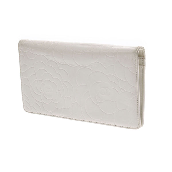 CHANEL Camellia Wallet White Ladies Leather Bi-fold Wallet Used