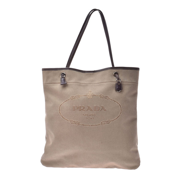 PRADA Prada徽标卡其色/棕色BR3581中性帆布/皮革手提袋B等级二手Ginzo
