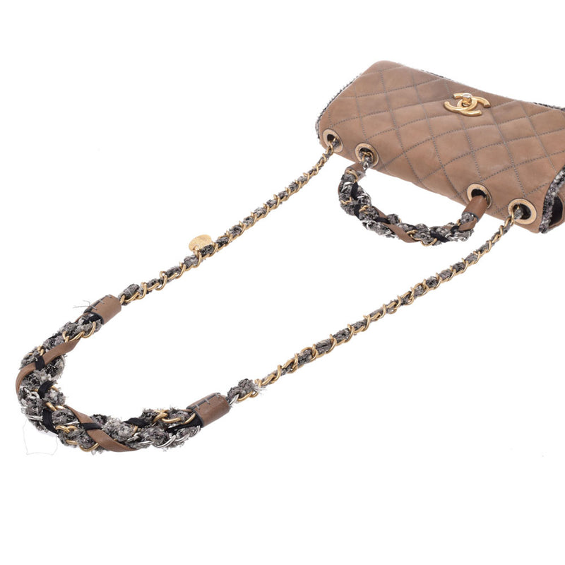 CHANEL CHANEL Matrasse Chain Shoulder Bag Tea Gold Metal Fittings Women's Calf/Tweed Shoulder Bag B Rank Used Ginzo