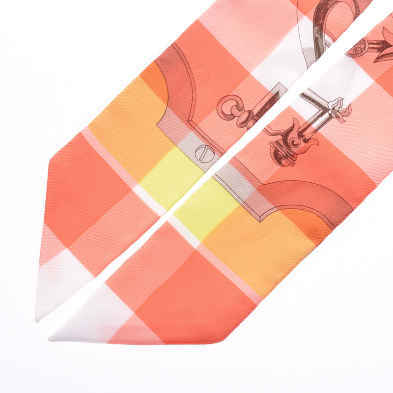 HERMES新标签Mors et Gourmettes Vichy粉色/白色/橙色/黄色女士真丝围巾未使用的Ginzo