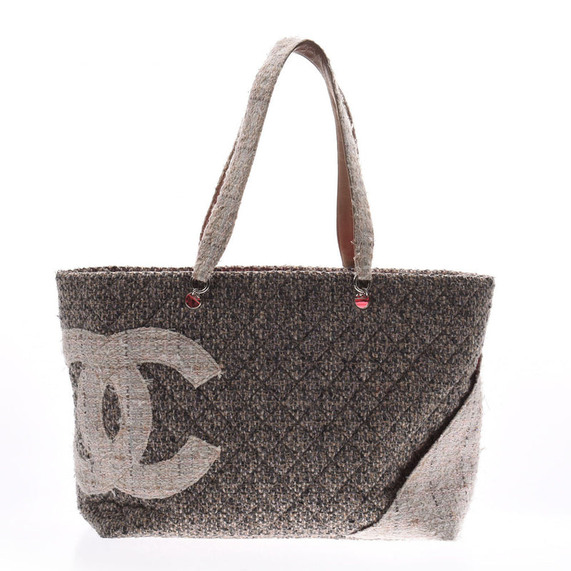 CHANEL Cambon line large tote gray silver hardware Ladies tweed tote bag B rank used silver warehouse