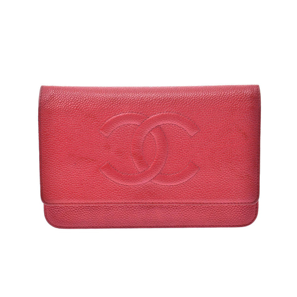 CHANEL Chanel purse Red women's caviar skin chain wallet AB rank used silver
