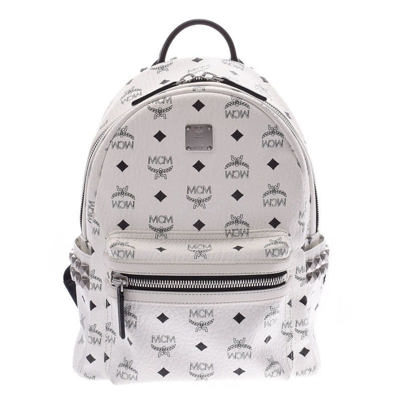 MCM M CM backpack side studs white / black Lady's leather rucksack day pack A rank used silver storehouse