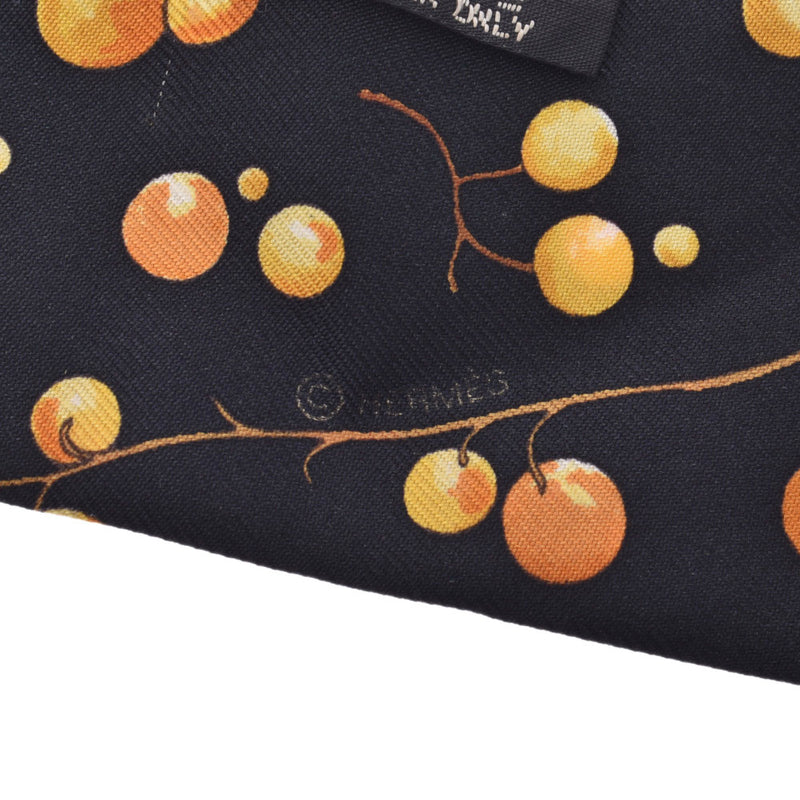 HERMES Twilly Tree Pattern Black/Orange Ladies Silk Scarf A Rank Used Ginzo