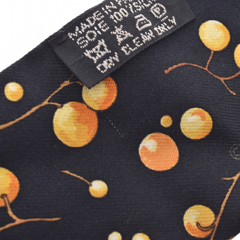 HERMES Twilly Tree Pattern Black/Orange Ladies Silk Scarf A Rank Used Ginzo