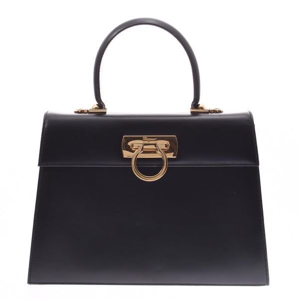Salvatore Ferragamo Ferragamo Gantini 2WAY Bag Black Gold Metallic Ladies Calf Handbag AB Rank Used Ginzo