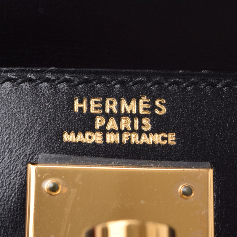 HERMES Hermes,Kelly,32外缝纫,黑色金色金器,A Imprint(c。1971)女士BOX Carf 2WAY Bag A Rank使用银器
