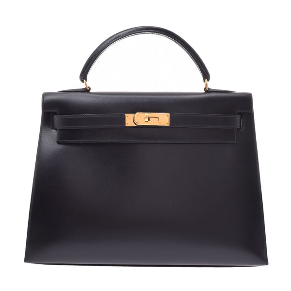 HERMES Hermes Kelly 32 outer sewing black gold metal fittings ○ A stamped (around 1971) Ladies BOX calf 2WAY bag A rank used Ginzo