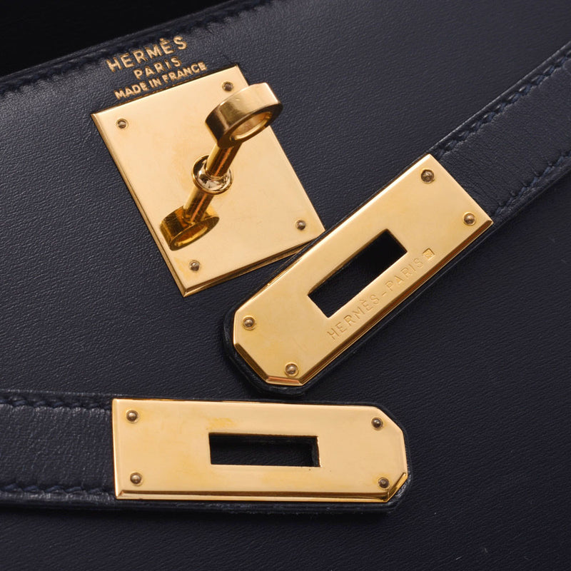 HERMES Hermes Kelly 28 Outer sewing handbag Navy gold metal fittings ○ Y stamp (around 1995) Ladies BOX calf 2WAY bag AB rank used Ginzo
