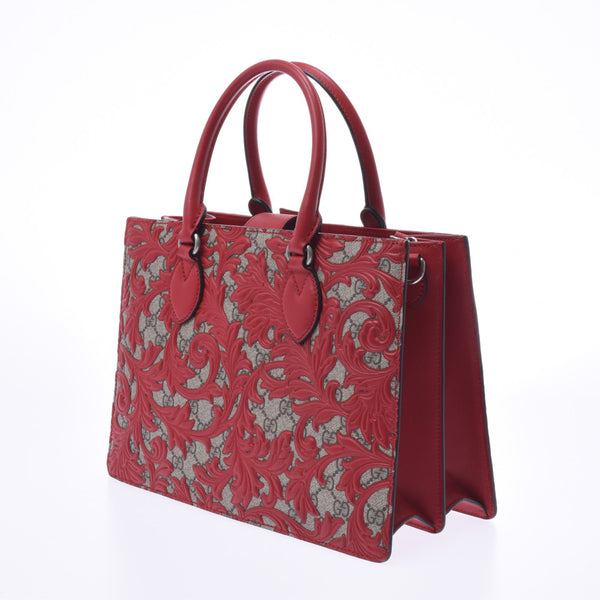 GUCCI古驰GG Supreme Arabesque 2WAY手提袋Greige /红色409531女士PVC /皮革手提包A级二手Ginzo